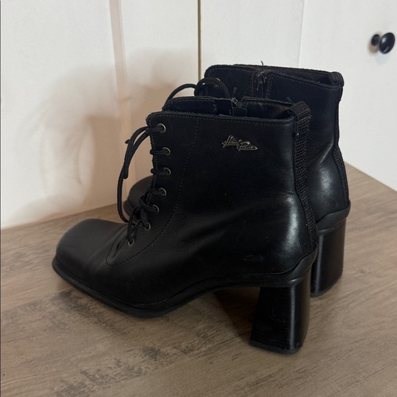 Henri Pierre Black Leather Heeled Ankle Boots - lace up - side zipper - 8 - Picture 6 of 9
